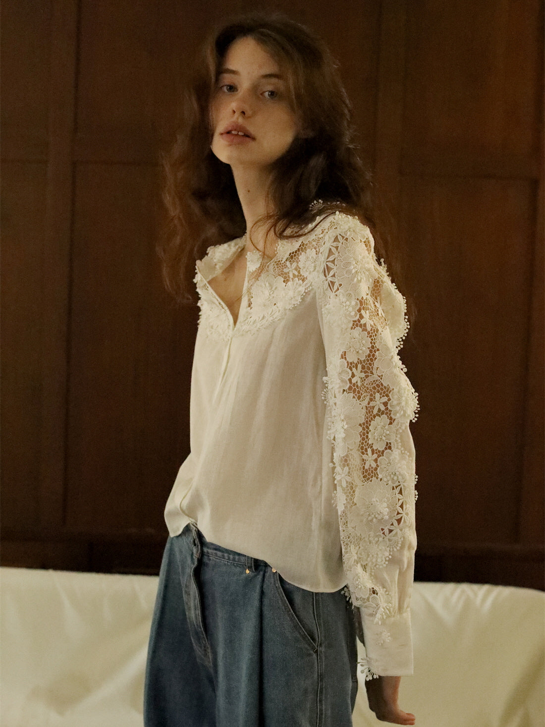 Ethereal Lace Trim Linen-Cotton Blouse