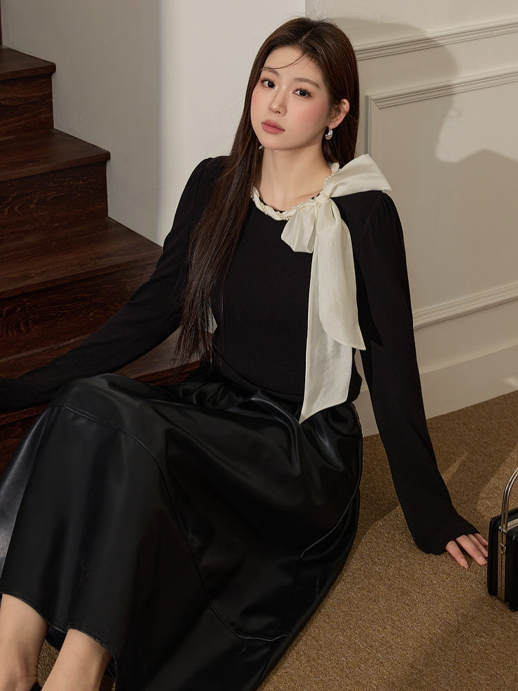 Elegant Pearl-Trimmed Bow Knit Top