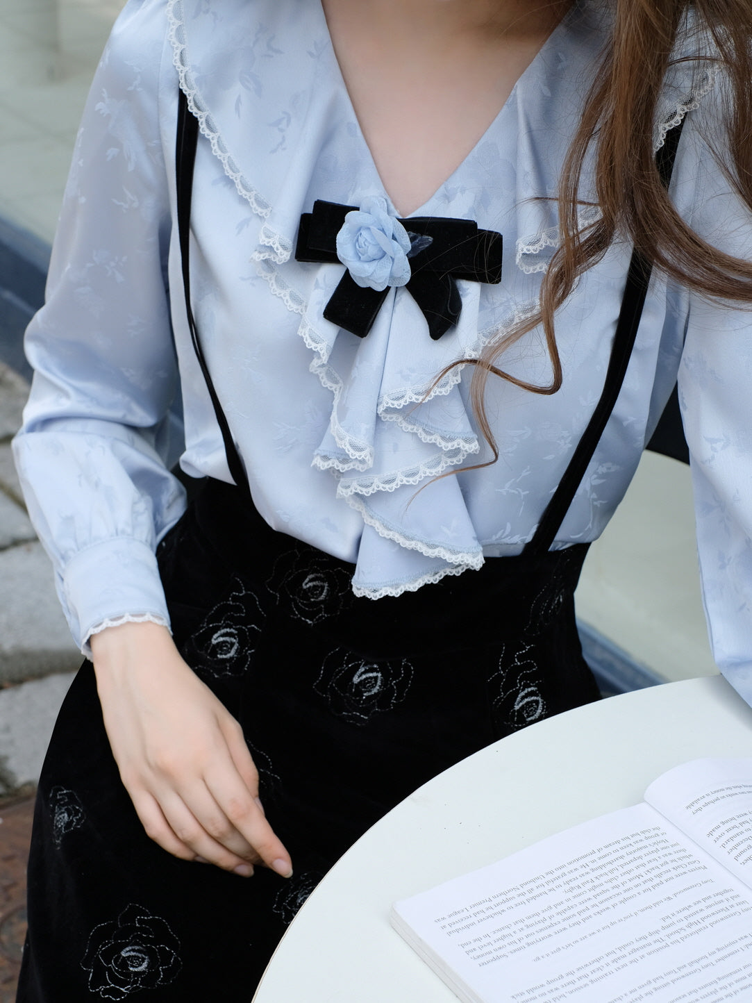Rose Brooch Ruffled Jacquard Satin Blouse
