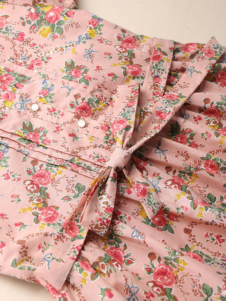 Lace Trim Vintage Floral Pink Cotton Dress