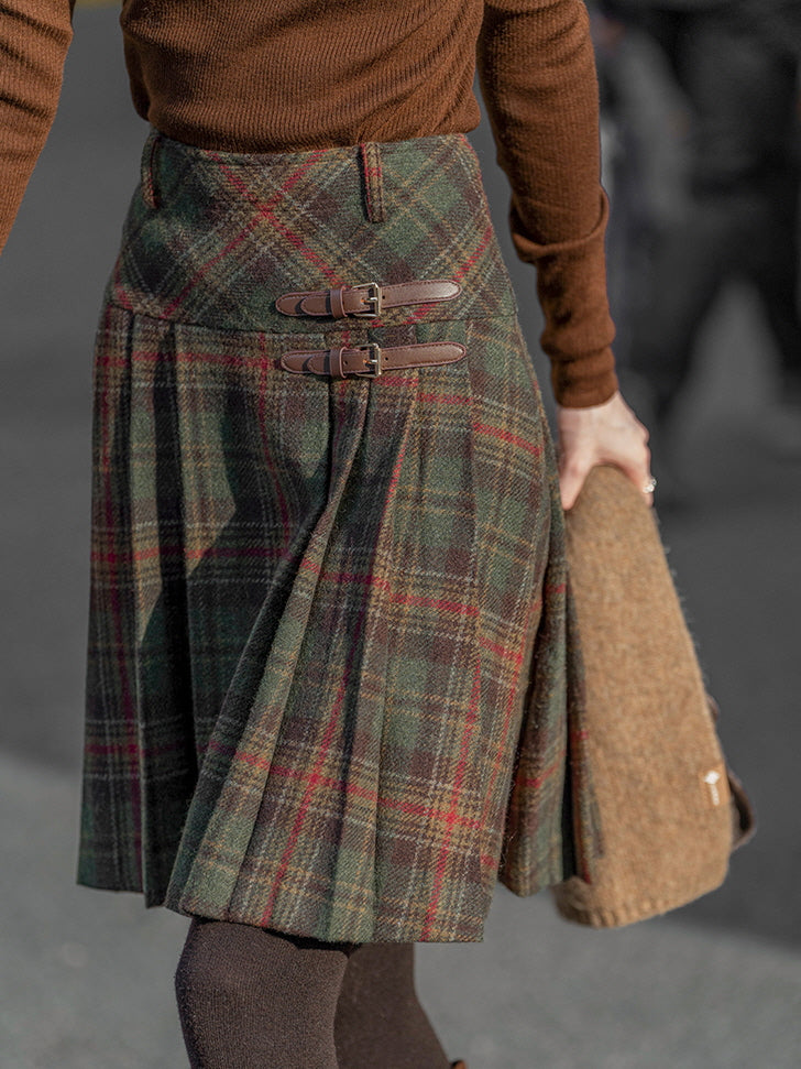 Vintage Wool Plaid Buckle Green Checkered Skirt