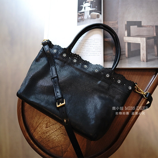 Scalloped Edge Genuine Leather Tote Bag