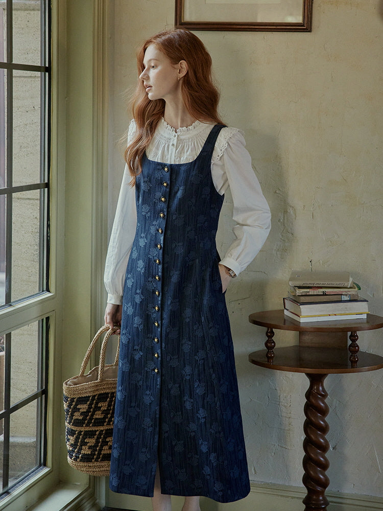 Vintage Midnight Blue Cottagecore Pinafore Dress