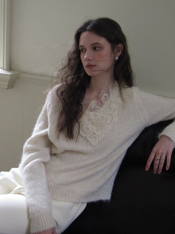 Lace Trim Cozy Wool Blend Sweater