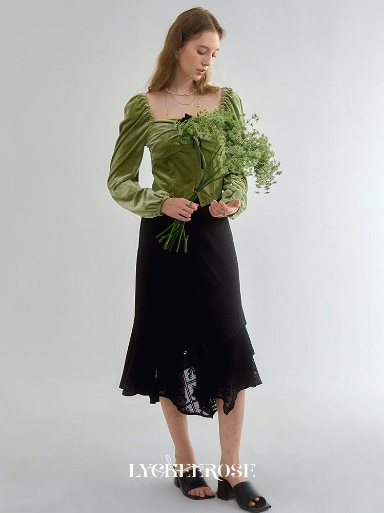 Elegant Black Asymmetrical Lace Midi Skirt