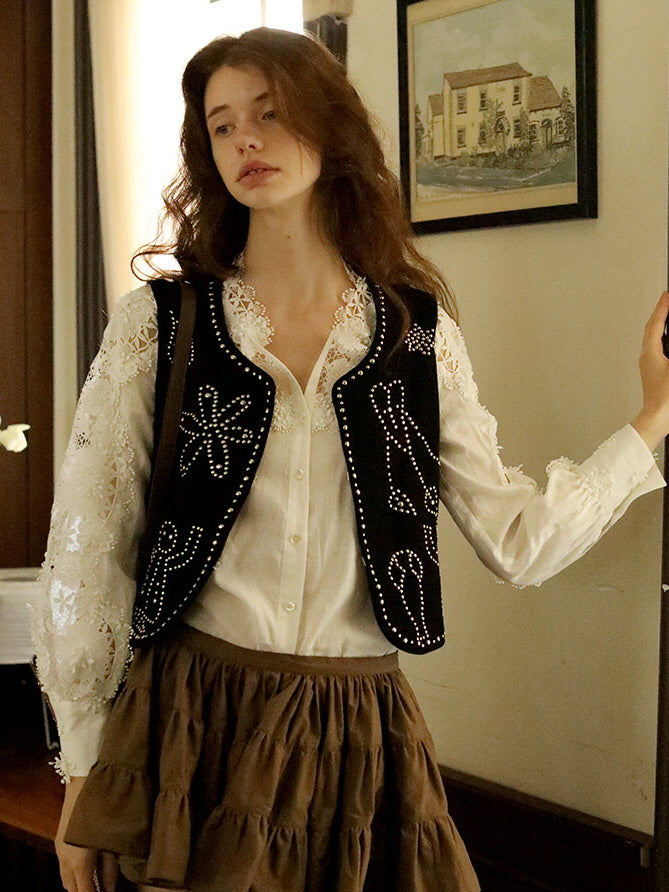 Ethereal Lace Trim Linen-Cotton Blouse