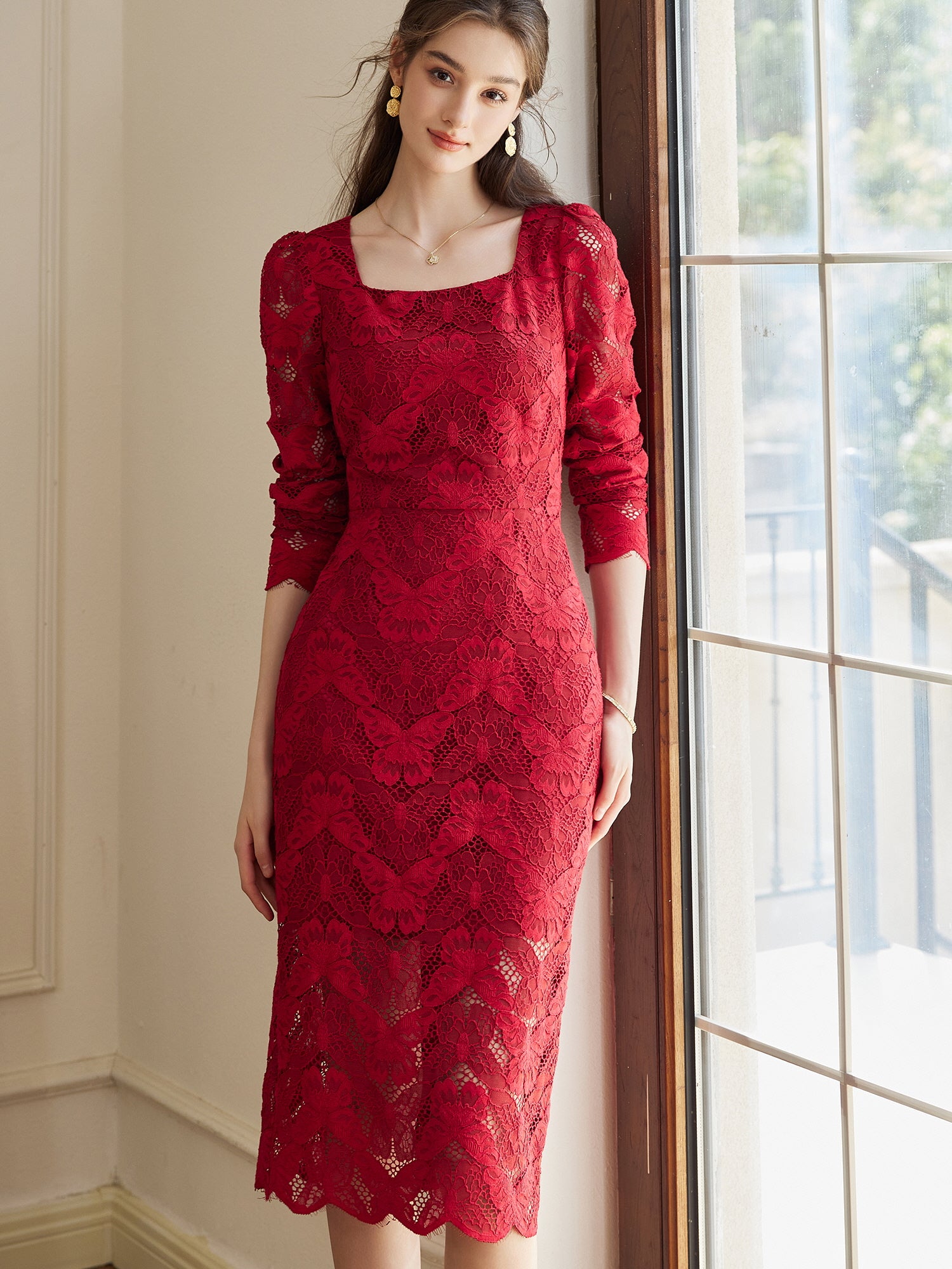 Red Lace Midi Dress | Square Neck & Long Sleeves | Vintage Aesthetic Outfit Red Lace Midi Dress | Square Neck & Long Sleeves | Vintage Aesthetic Outfit