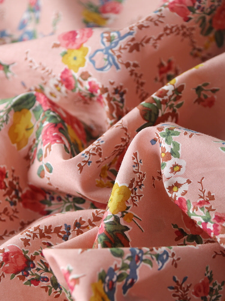 Lace Trim Vintage Floral Pink Cotton Dress