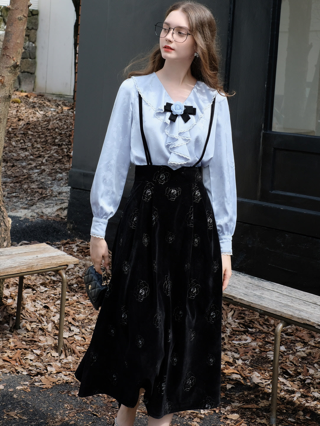 Rose Brooch Ruffled Jacquard Satin Blouse