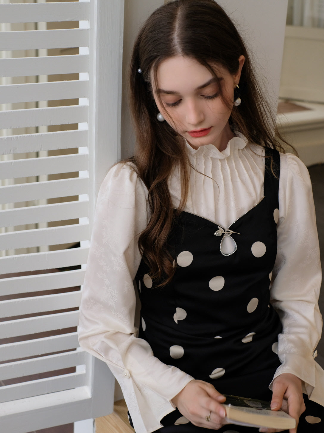 Rose Brooch Elegant Polka Dot Slip Dress