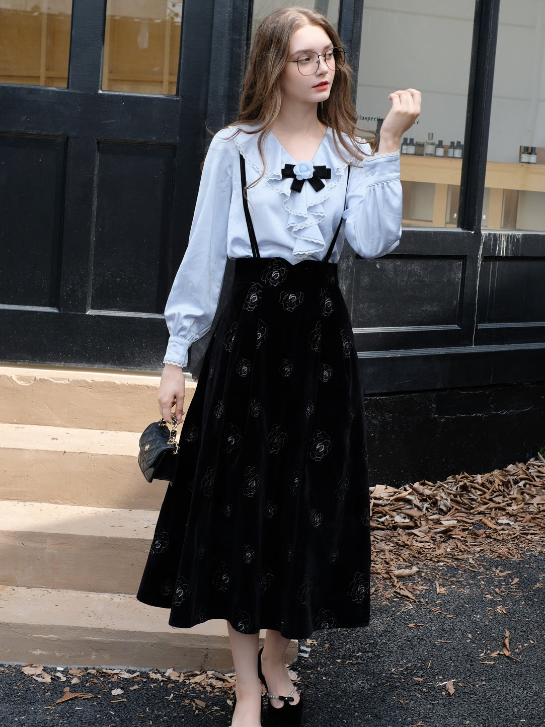 Rose Brooch Ruffled Jacquard Satin Blouse