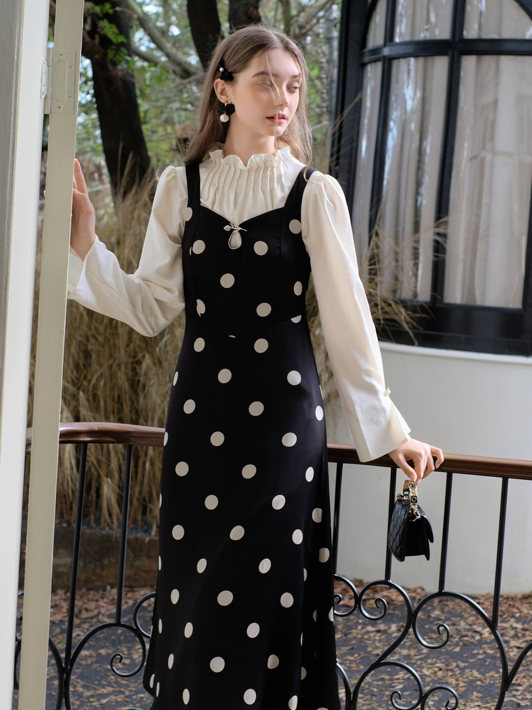 Rose Brooch Elegant Polka Dot Slip Dress