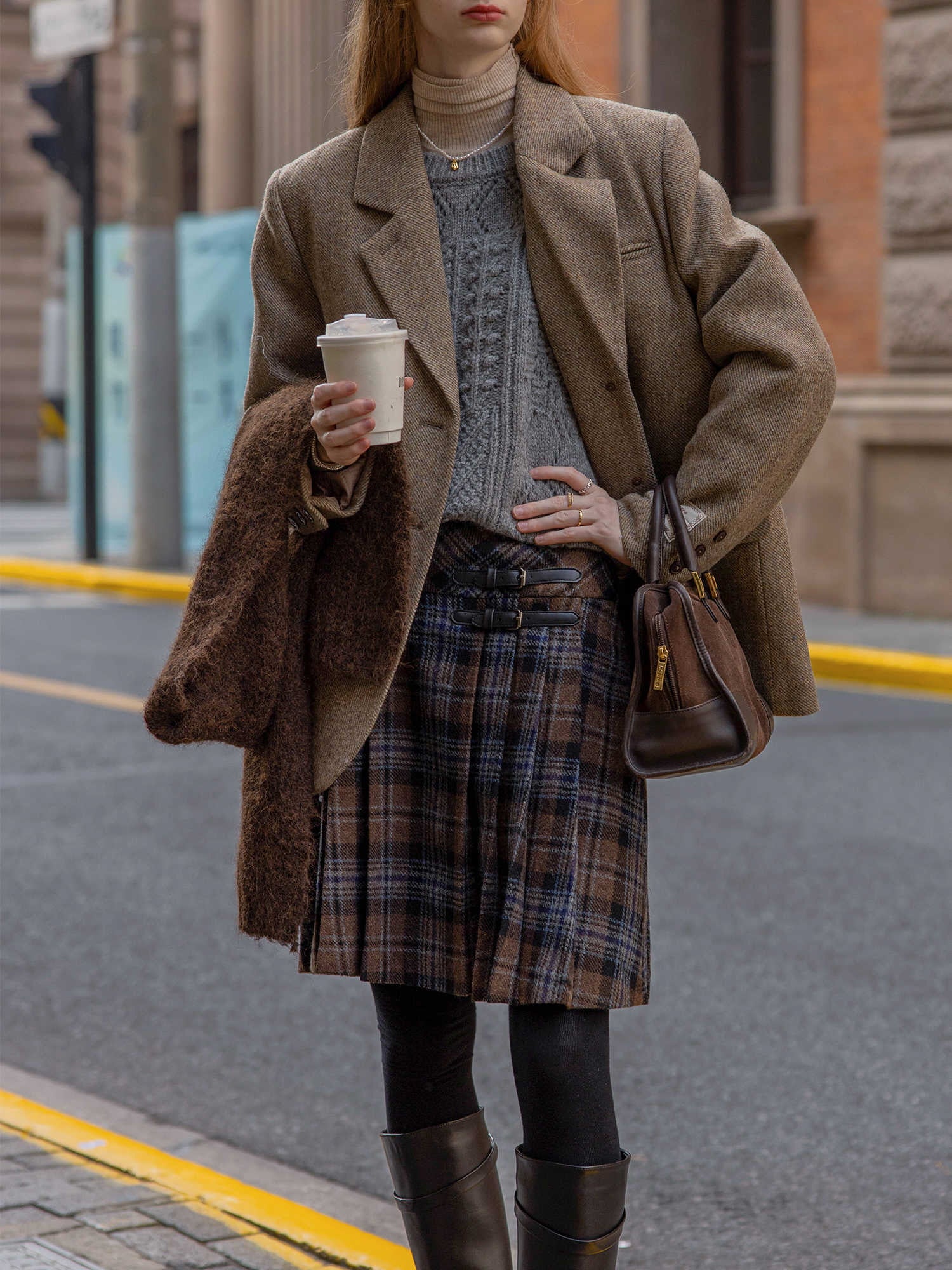 Vintage Wool Plaid Buckle Green Checkered Skirt
