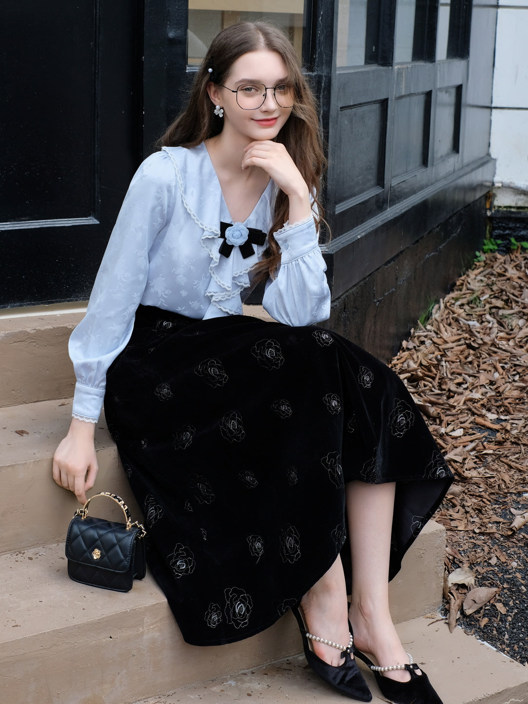 Rose Brooch Ruffled Jacquard Satin Blouse