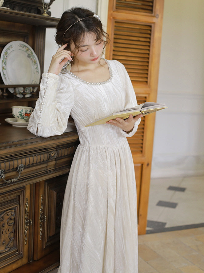 Elegant Pearl-Trimmed Ivory Long Dress