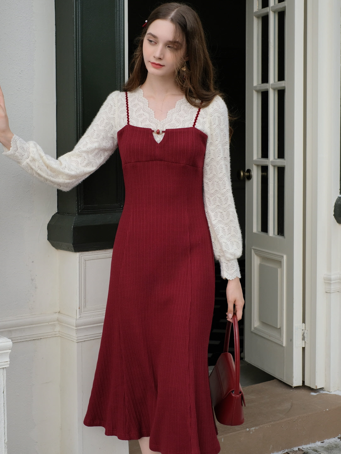Romantic Lace Knit and Burgundy Dress
