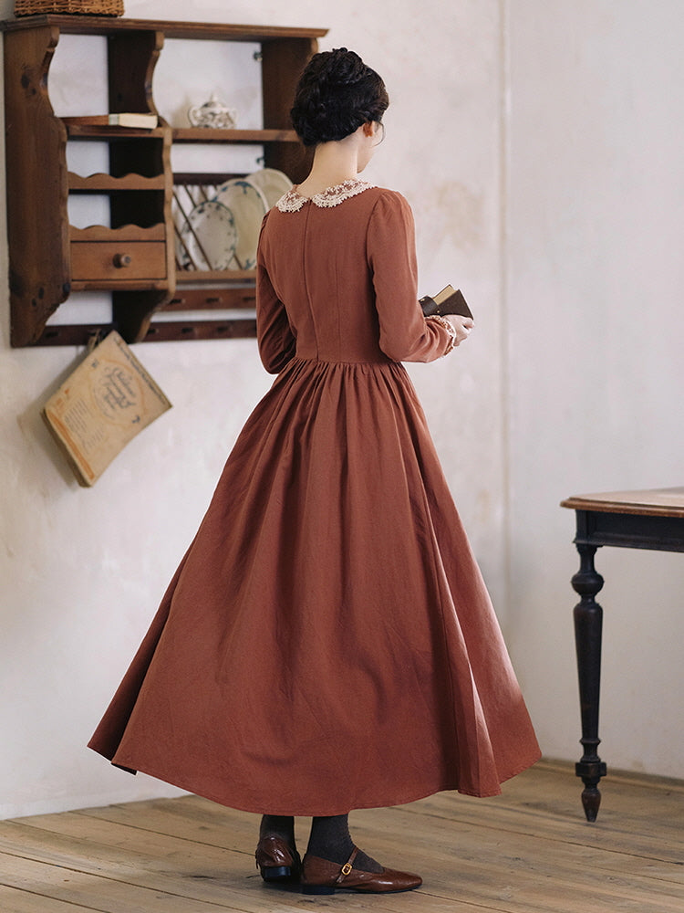 Autumn Rust Vintage Lace Collar Dress