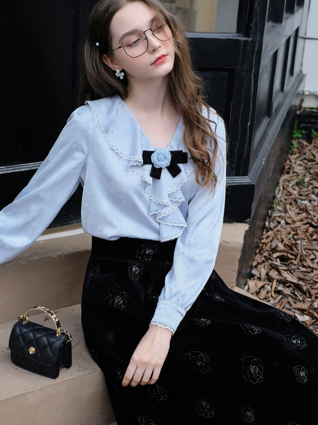 Rose Brooch Ruffled Jacquard Satin Blouse