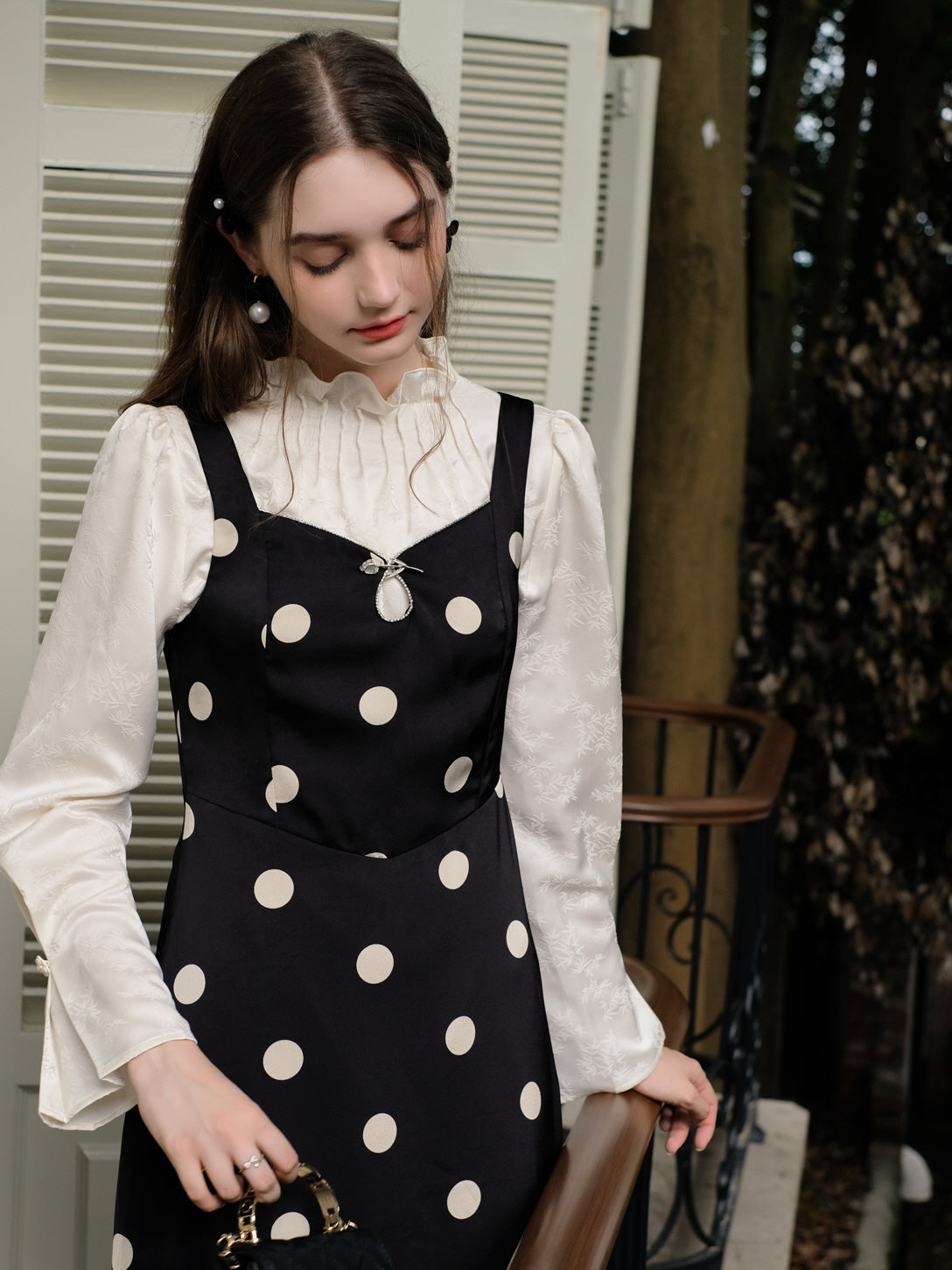 Rose Brooch Elegant Polka Dot Slip Dress