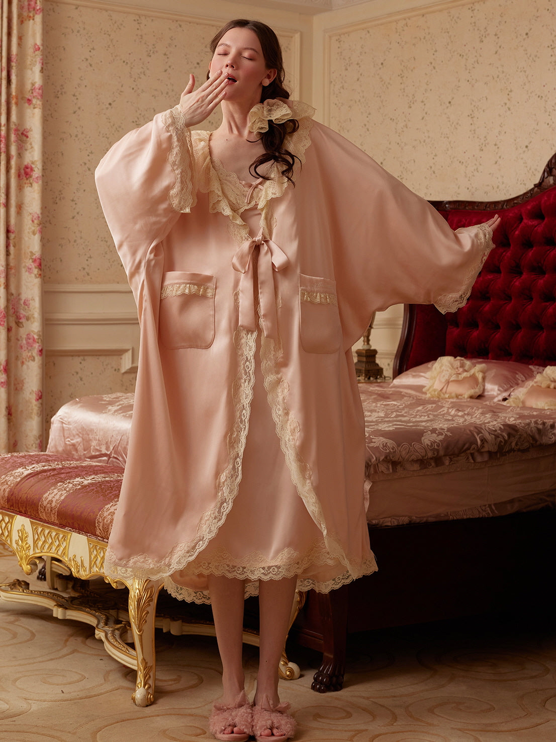 Lace-Trimmed Robe and Lace Slip Dress