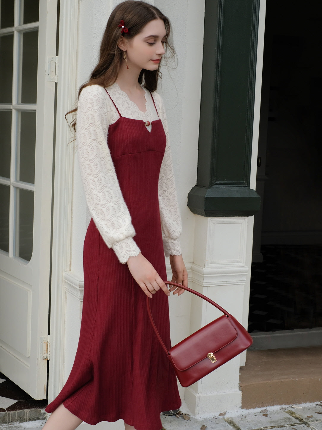 Romantic Lace Knit and Burgundy Dress