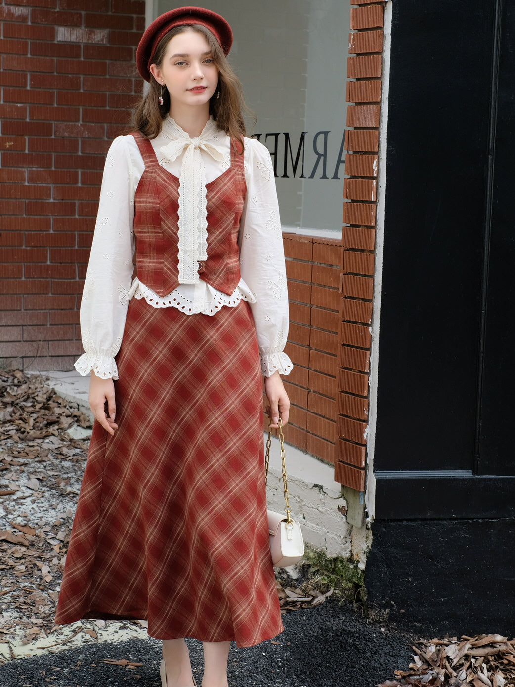 Red Vintage Plaid Cotton Skirt