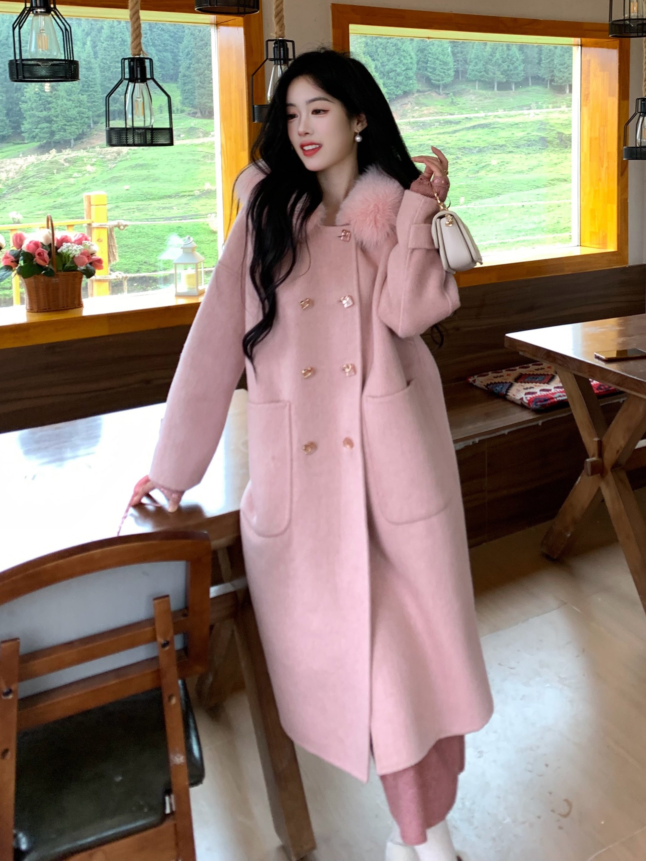 Fur Collar Wool Double-Breasted Coat