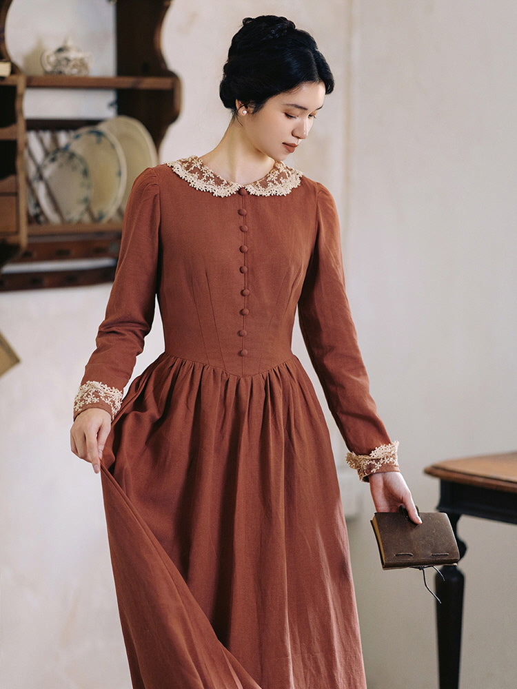 Autumn Rust Vintage Lace Collar Dress