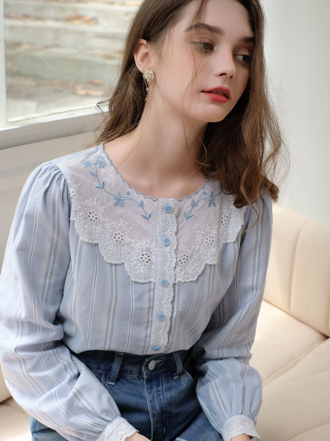 Blue Striped Cotton Lace Blouse