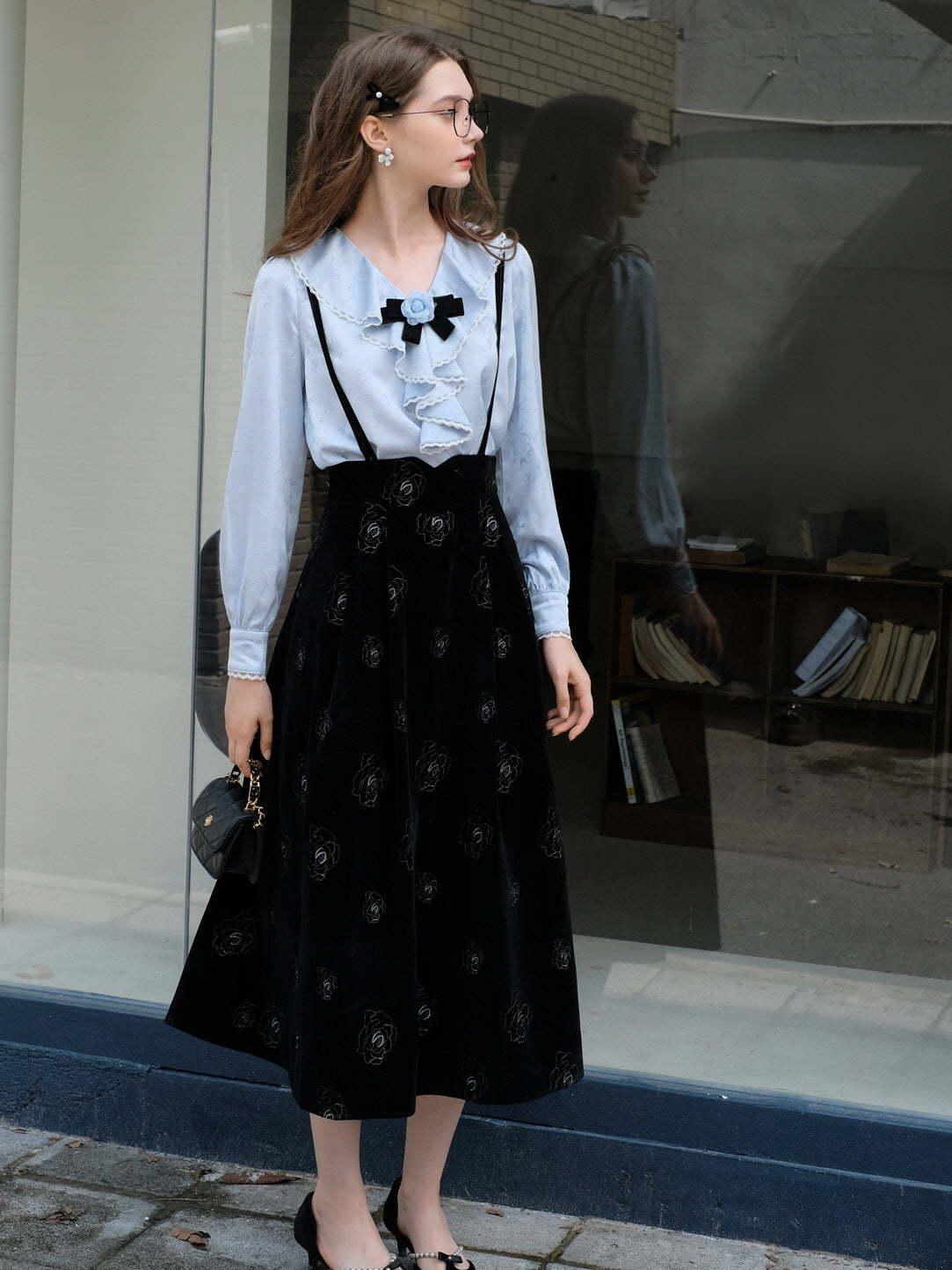 Rose Brooch Ruffled Jacquard Satin Blouse