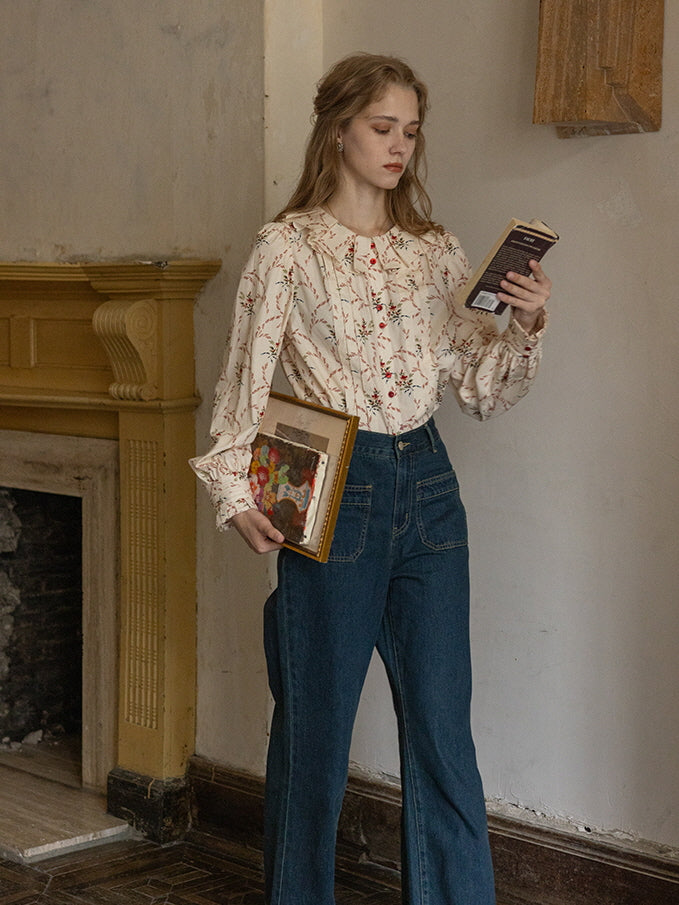 Cottagecore Floral Ruffled Cotton Blouse