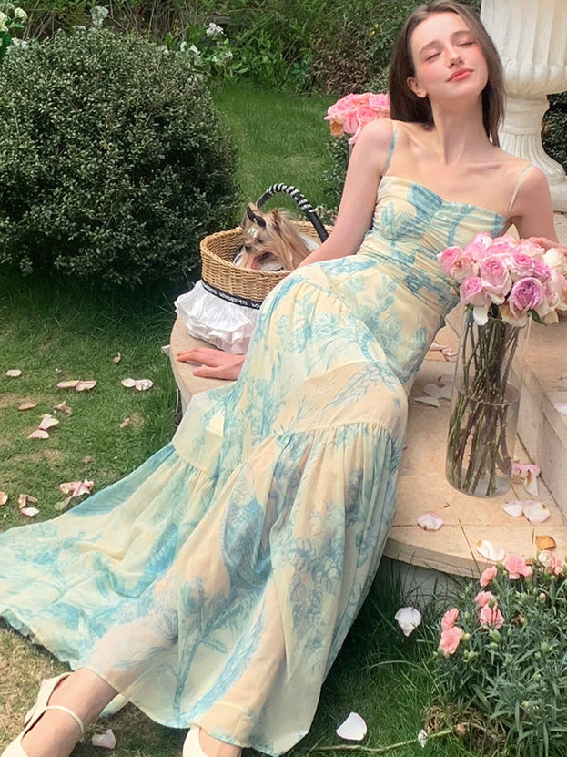 fairycore maxi dress Floral Blue Maxi Dress