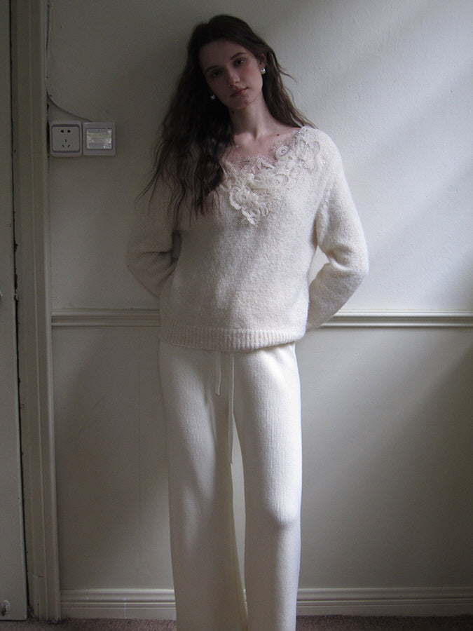 Lace Trim Cozy Wool Blend Sweater