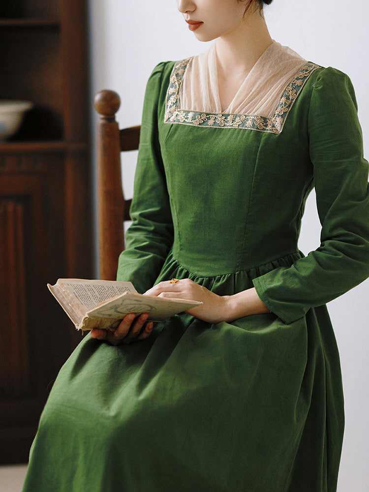 green emerald velvet dress Lush Emerald Embroidered Dress L / Green
