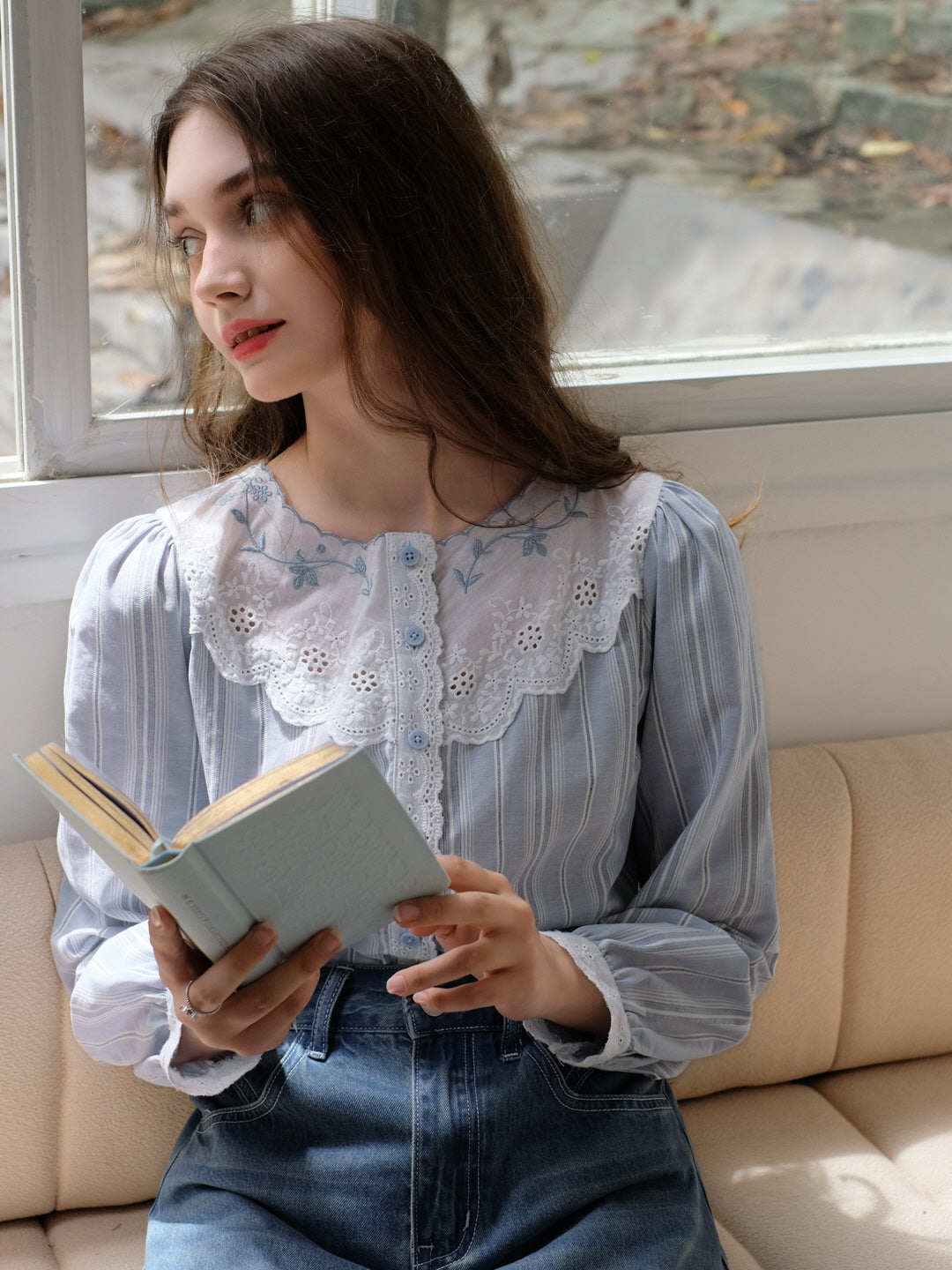 Blue Striped Cotton Lace Blouse