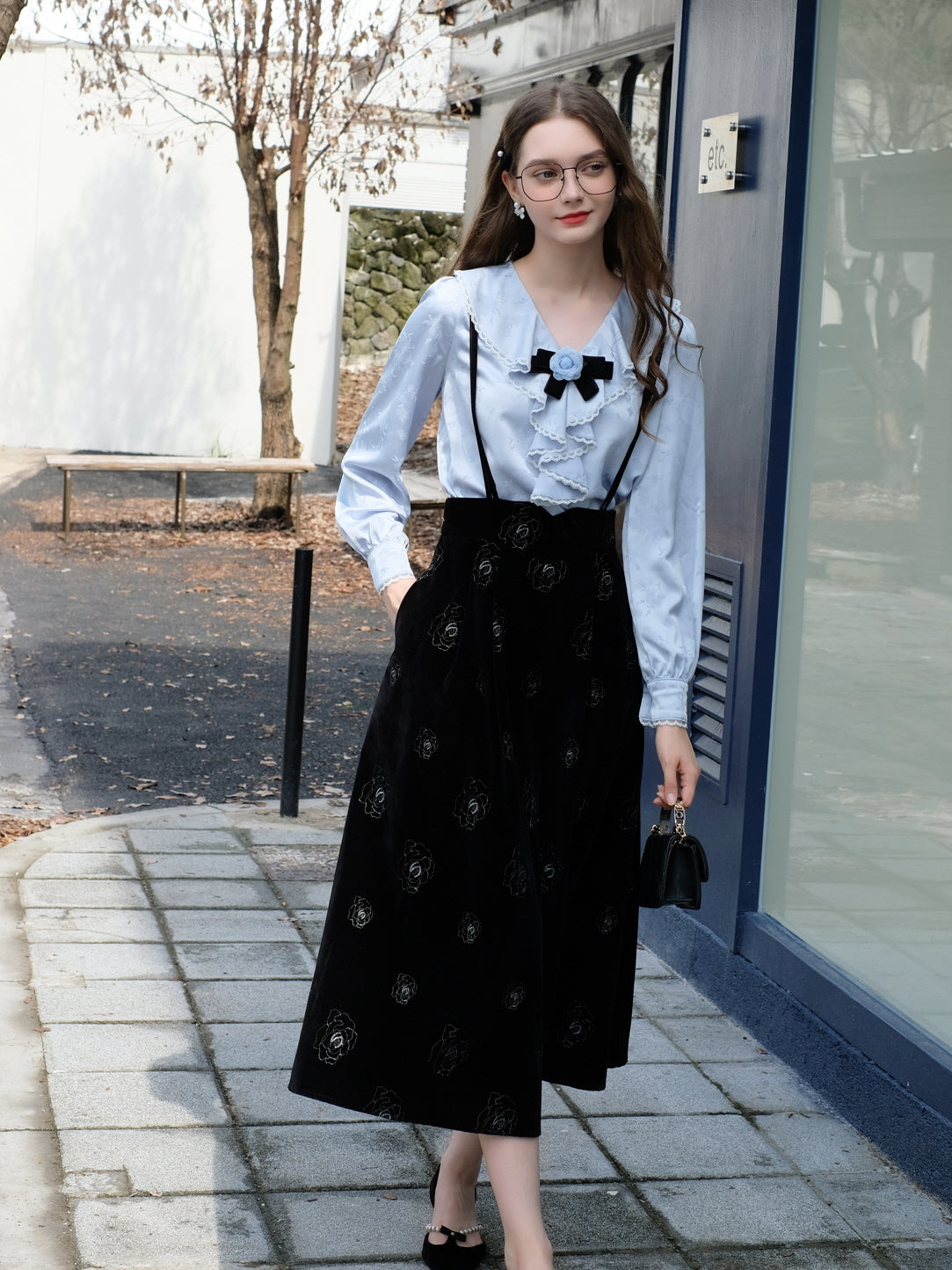 Rose Brooch Ruffled Jacquard Satin Blouse