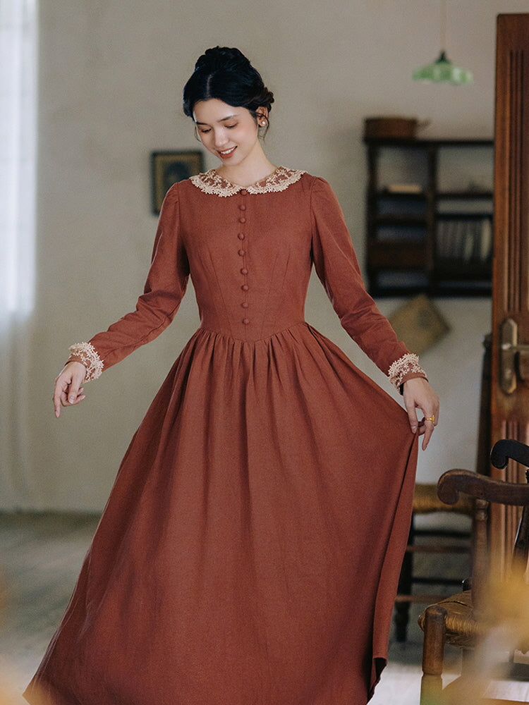 Autumn Rust Vintage Lace Collar Dress