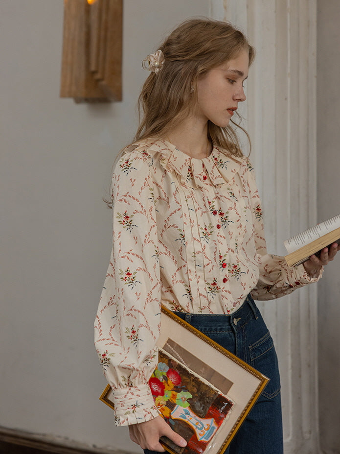 Cottagecore Floral Ruffled Cotton Blouse