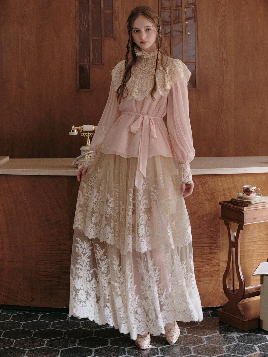 Vintage Lace Embellished Blush Pink Blouse