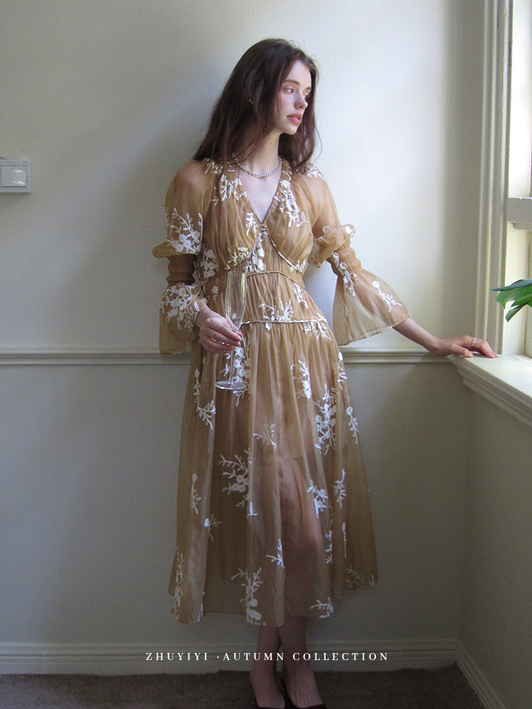 Golden Bloom Embroidered Sheer Dress