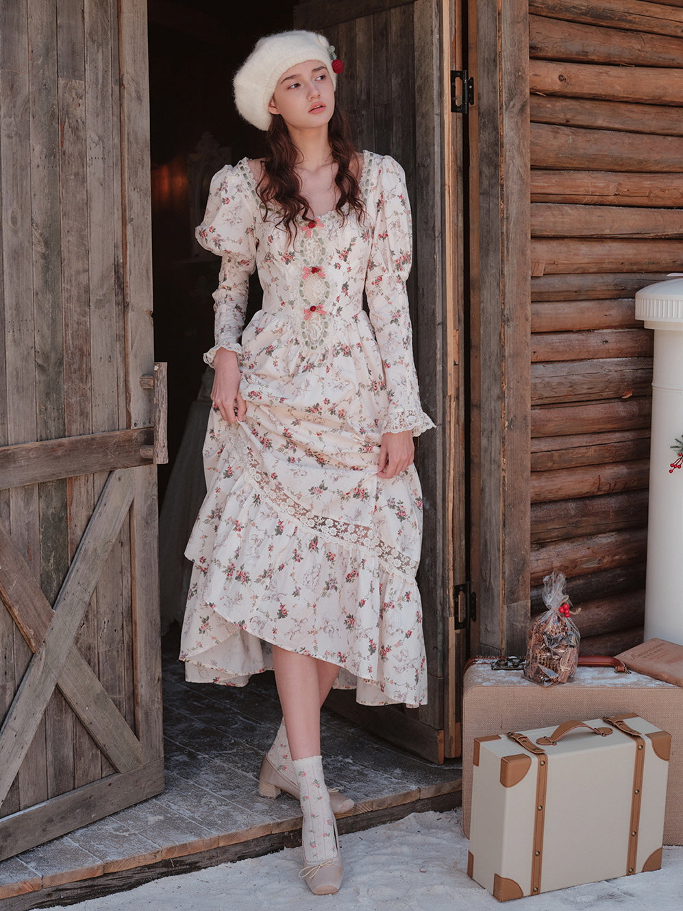 white christmas dresses Long Sleeve Square Neckline White Dress– The Cottagecore main image 0