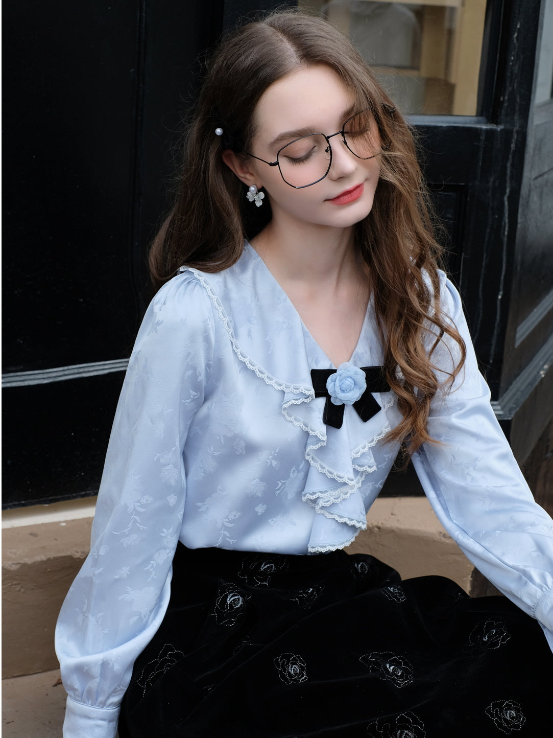 Rose Brooch Ruffled Jacquard Satin Blouse