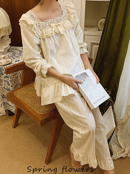Vintage Lace-Trimmed Cotton Pajama Set Beige / XL Vintage Lace-Trimmed Cotton Pajama Set Beige / XL