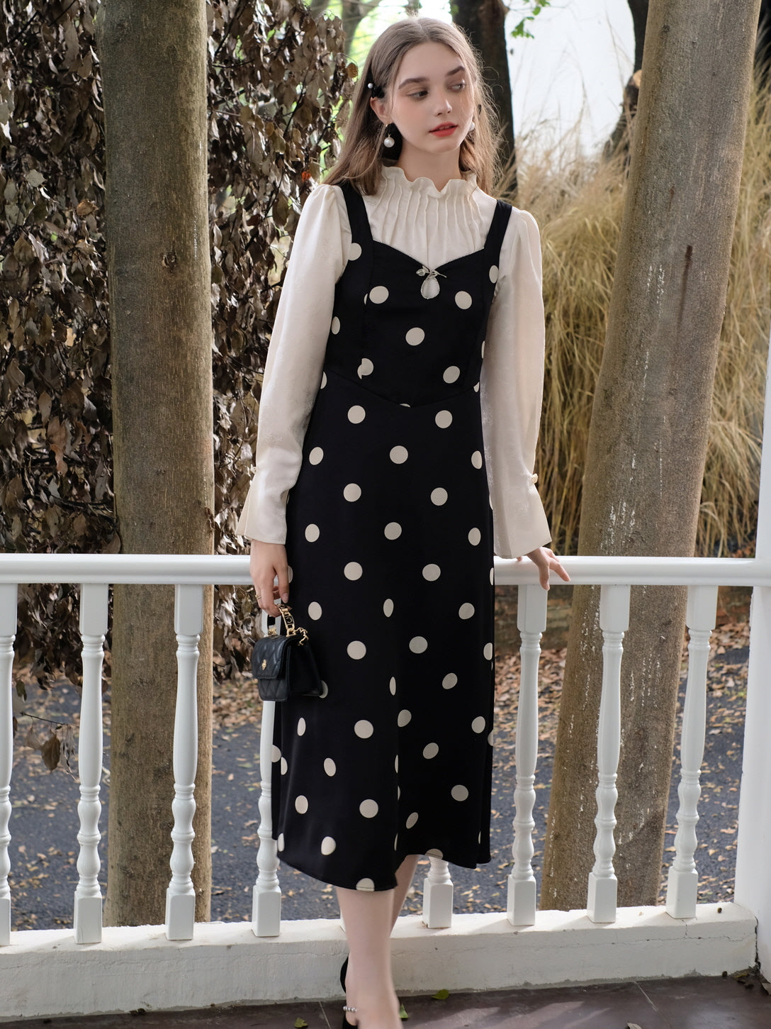 Rose Brooch Elegant Polka Dot Slip Dress