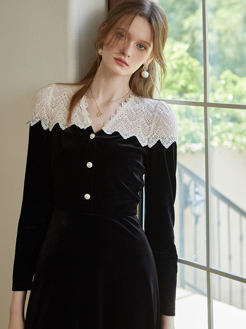 Velvet Black Elegant Lace Dress