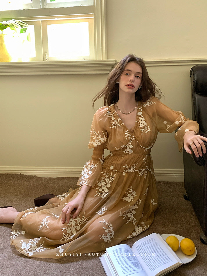 Golden Bloom Embroidered Sheer Dress