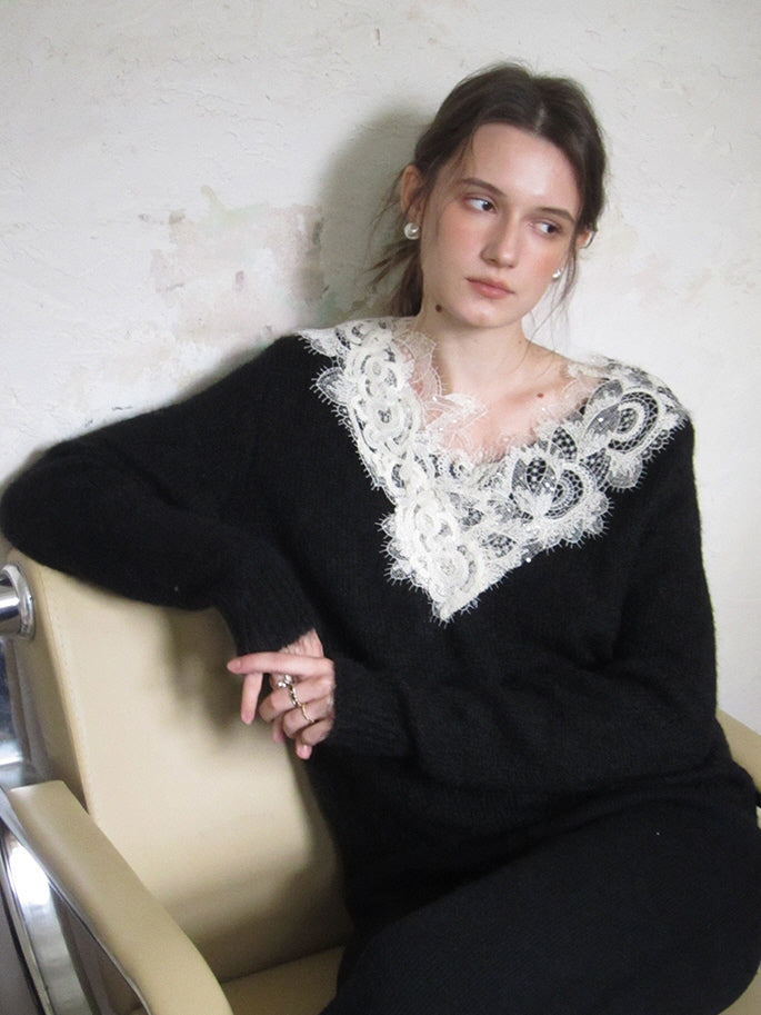 Lace Trim Cozy Wool Blend Sweater