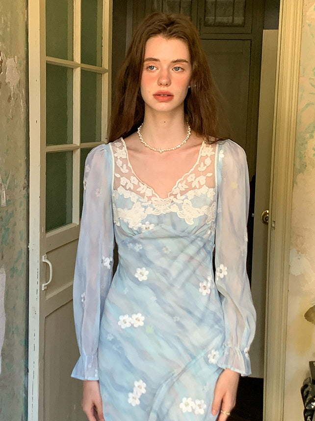 Floral Lace Blue Sheer Maxi Dress - Fairycore Aesthetic Outfit