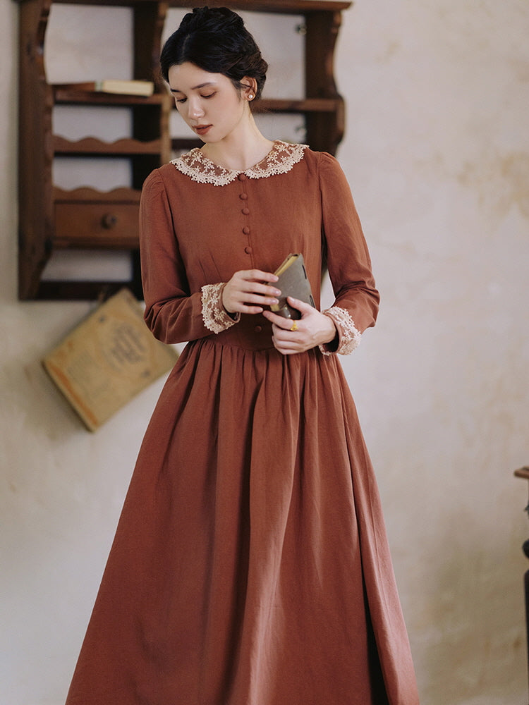 Autumn Rust Vintage Lace Collar Dress