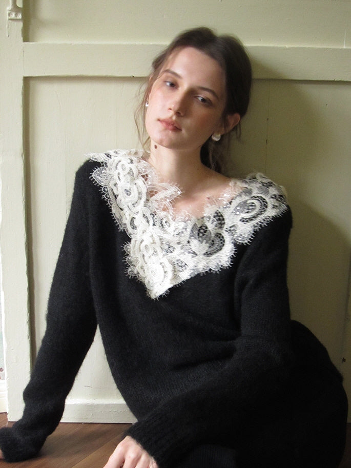Black Wool Blend Lace Sweater Lace Trim Cozy Wool Blend Sweater